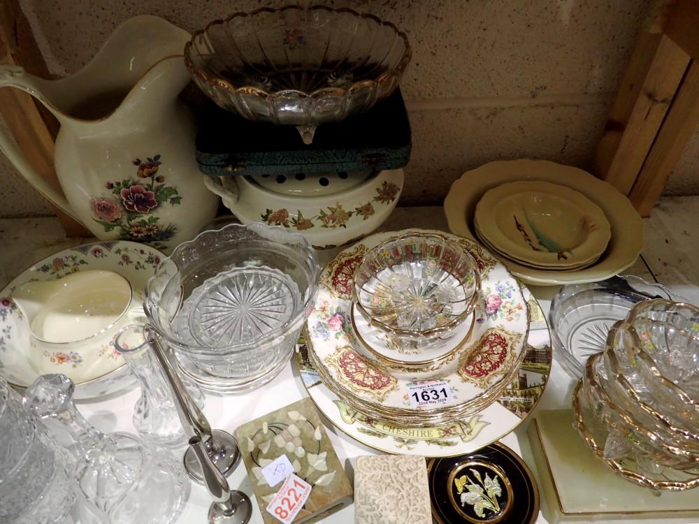 Shelf of mixed glass and ceramics including Royal Doulton. Not available for in-house P&P