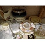 Shelf of mixed glass and ceramics including Royal Doulton. Not available for in-house P&P