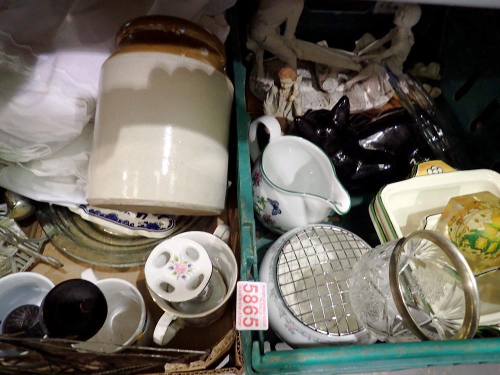 Two boxes of mixed glass, ceramics and table clothes. Not available for in-house P&P