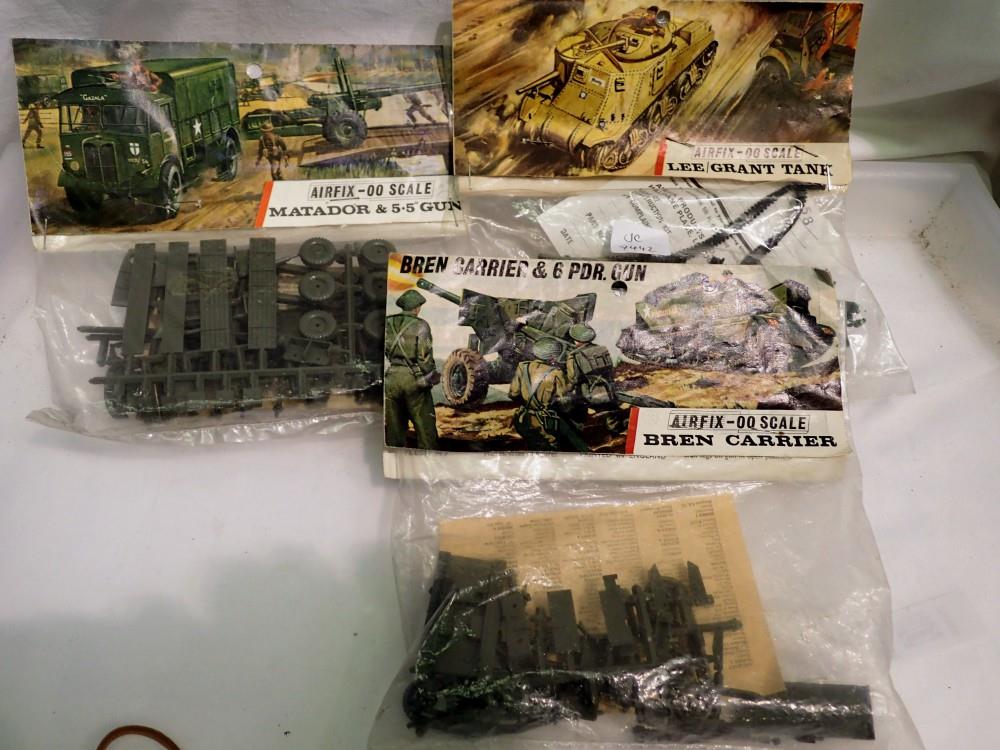 Three vintage Airfix military kits, factory sealed, Bren Gun Carrier, Lee Grant Tank and a Matador