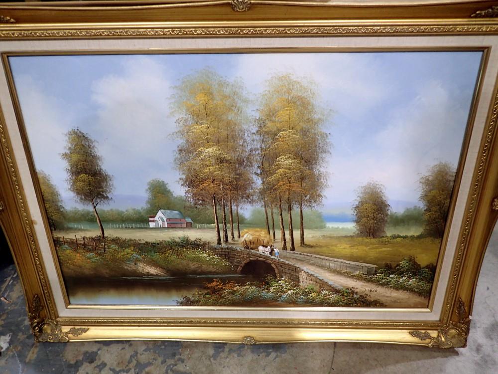 Original gilt framed oil on canvas signed J Watt, 90 x 65 cm. Not available for in-house P&P