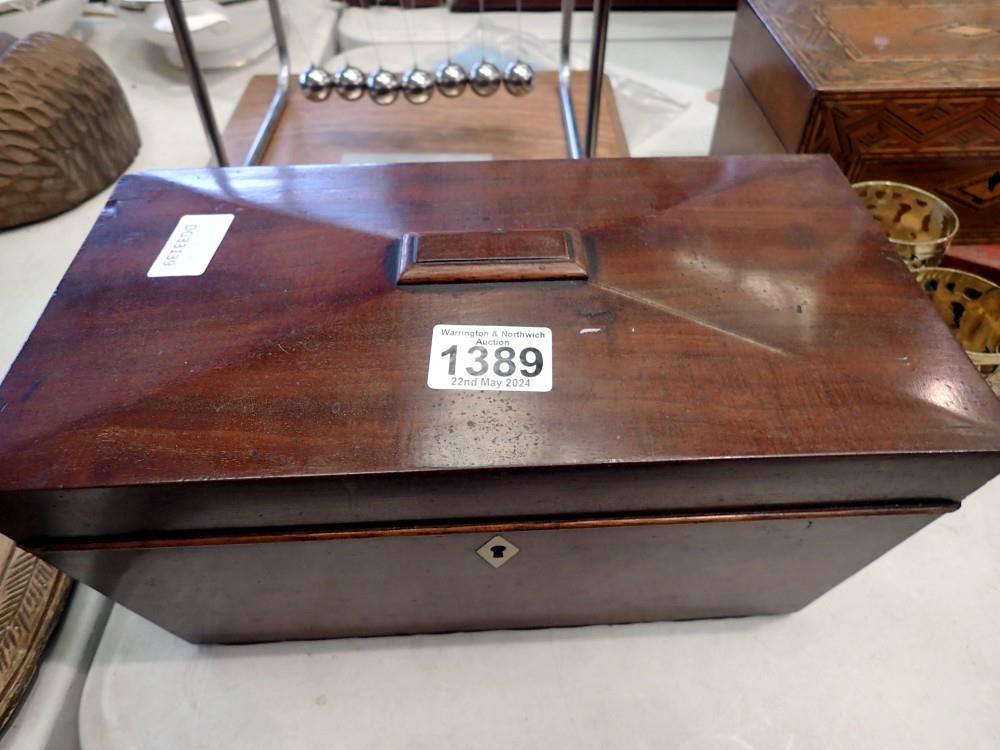 Mahogany sarcophagus tea caddy, with loose internal section, 30 x 14 x 14 H. Not available for in-