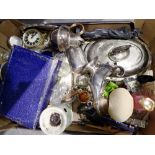 Box of mixed silver plate, cutlery, ornaments and collectables. Not available for in-house P&P