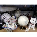 Shelf of mixed ceramics and a globe. All electrical items in this lot have been PAT tested for