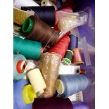 Box of mixed cotton and sewing accessories. Not available for in-house P&P