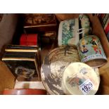 Box of mixed vintage tins. Not available for in-house P&P