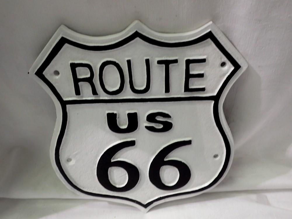 Cast iron Route 66 sign, H: 29 cm. UK P&P Group 1 (£16+VAT for the first lot and £2+VAT for