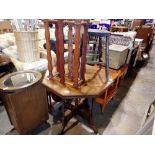 Octagonal crossbanded occasional table and two stools and a wine rack. Not available for in-house