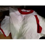 Twenty four S-M L-XL white T shirts cotton with red collars, new old stock. Not available for in-