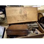 Mixed vintage tools in a wooden box. Not available for in-house P&P