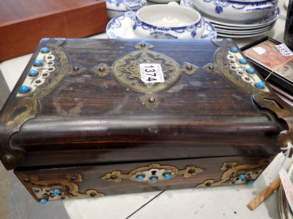 A Victorian Coromandel work box with Turquoise cabochons, for restoration. UK P&P Group 2 (£20+VAT