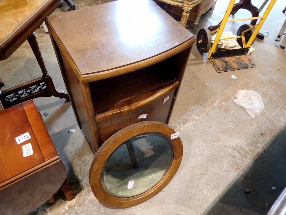 Oak bedside locker and circular mirror. Not available for in-house P&P