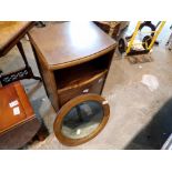 Oak bedside locker and circular mirror. Not available for in-house P&P