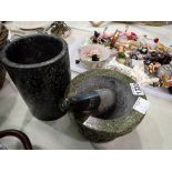 Stone pestle and mortar and stone vase. Not available for in-house P&P