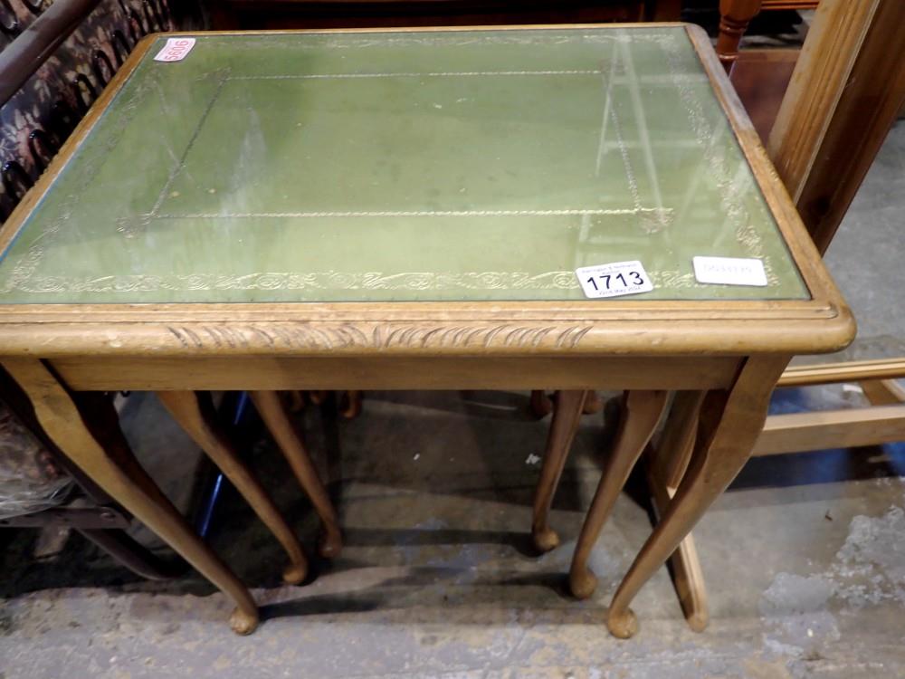 Nest of three tables with glass tops and leather inserts. Not available for in-house P&P