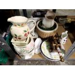 Shelf of mixed ceramics and a wooden and brass cannon. Not available for in-house P&P