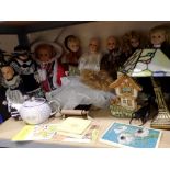 Six mixed porcelain dolls, Tiffany style lamp etc. Not available for in-house P&P