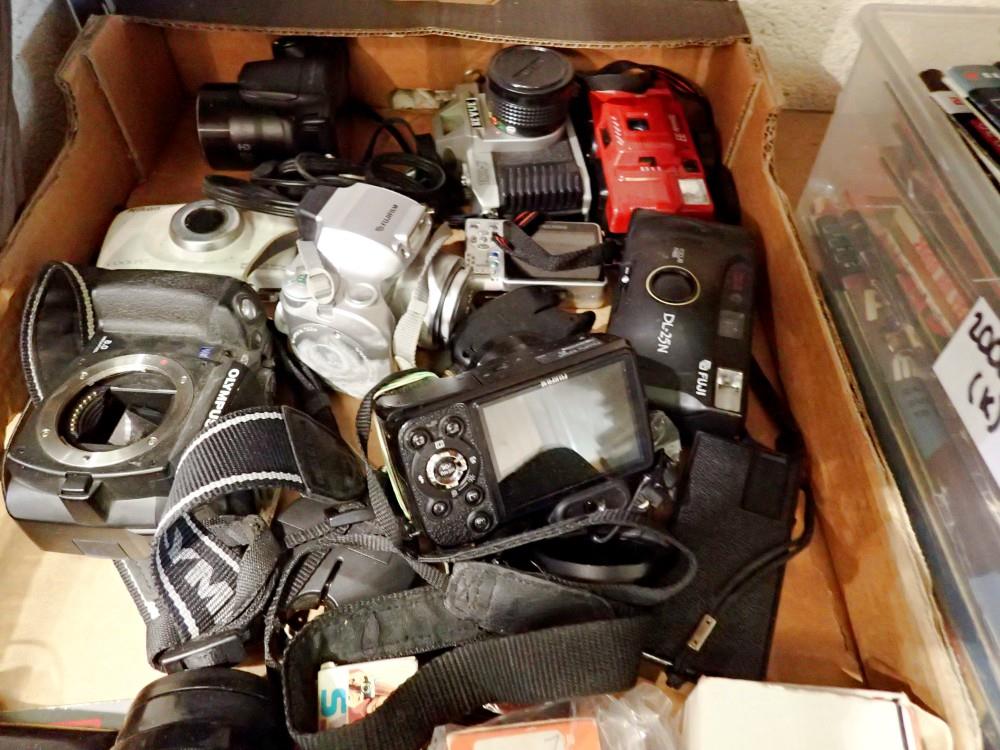 Box of mixed cameras including Olympus E500 body. Not available for in-house P&P