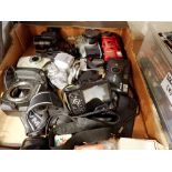 Box of mixed cameras including Olympus E500 body. Not available for in-house P&P