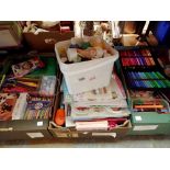 Three trays of art and craft materials including a bucket with mixed art paints. Not available for