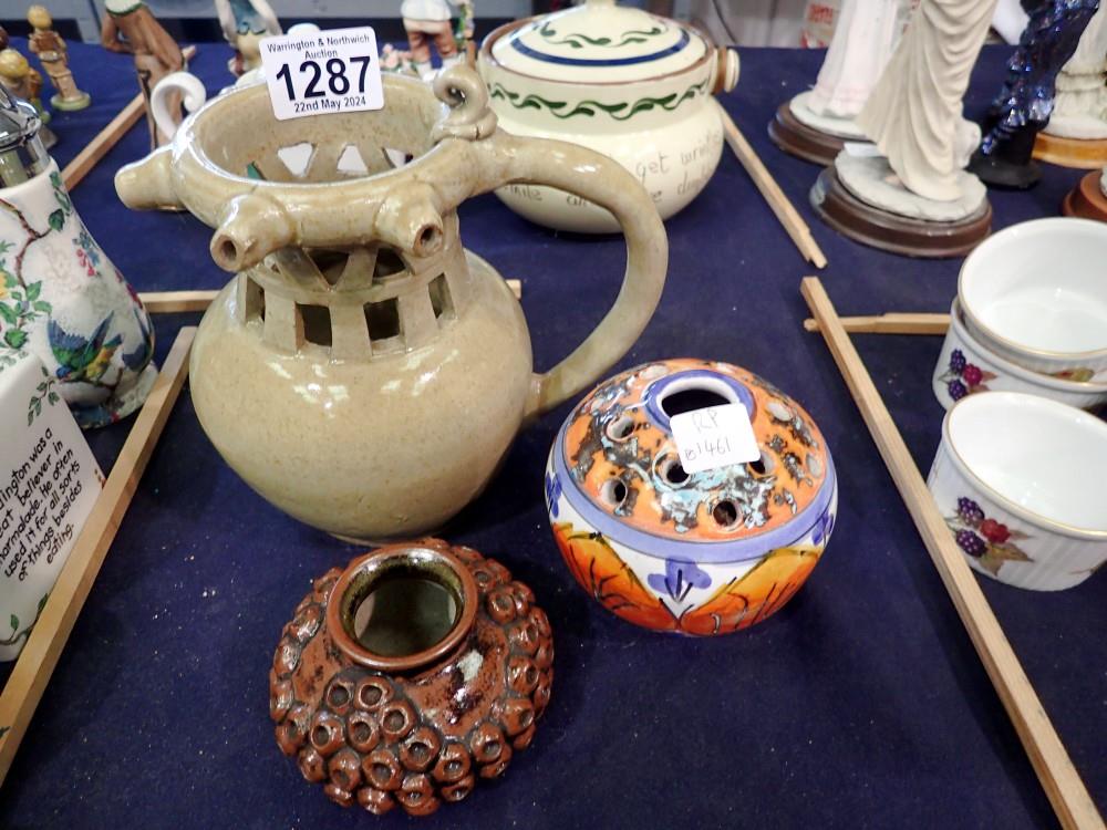 Three vintage ceramics including a puzzle jug. Not available for in-house P&P