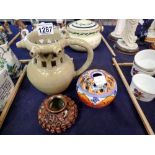 Three vintage ceramics including a puzzle jug. Not available for in-house P&P