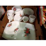 Twenty nine piece Pyrex roses pattern dinner set. Not available for in-house P&P