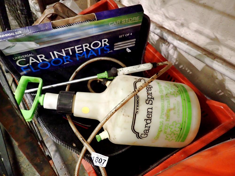 Car mats, Esso paraffin tin and a garden sprayer. Not available for in-house P&P