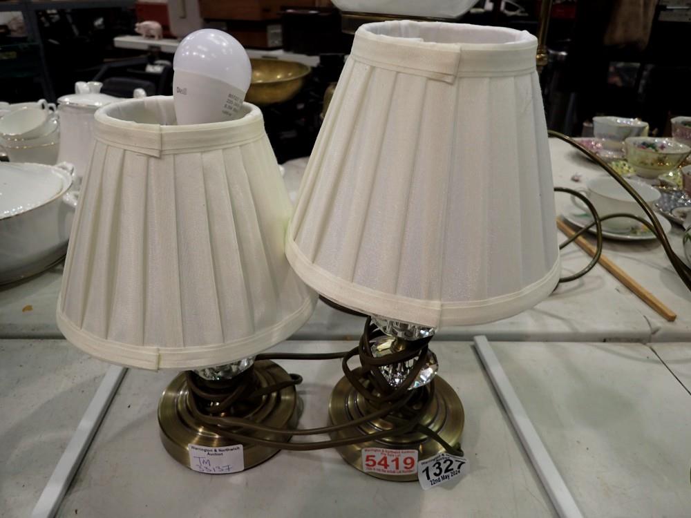 Pair of small brass based glass lamps. Not available for in-house P&P