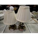 Pair of small brass based glass lamps. Not available for in-house P&P