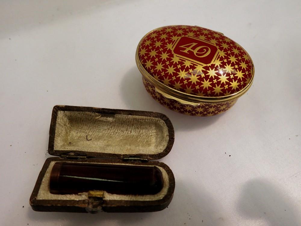 Halcyon Days enamelled patch box, and a cased cheroot holder. UK P&P Group 0 (£6+VAT for the first