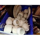 Box of mixed white ceramics to include Denby bowls and six brown ceramic floral placemats. This