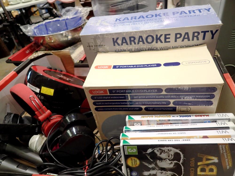 Portable DVD player, two karaoke machines, head phones and Wii games discs. Not available for in-