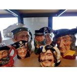 Seven ceramic character jugs to include Long John Silver, largest H: 16 cm. Not available for in-