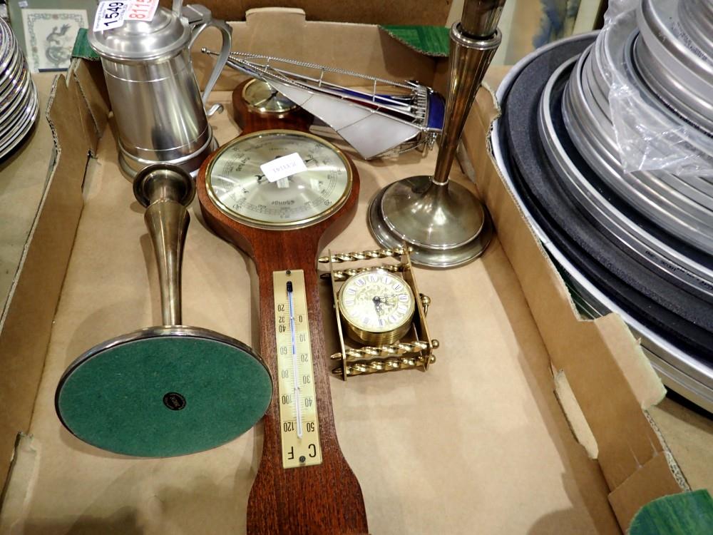 Mixed metal ware and a barometer. Not available for in-house P&P