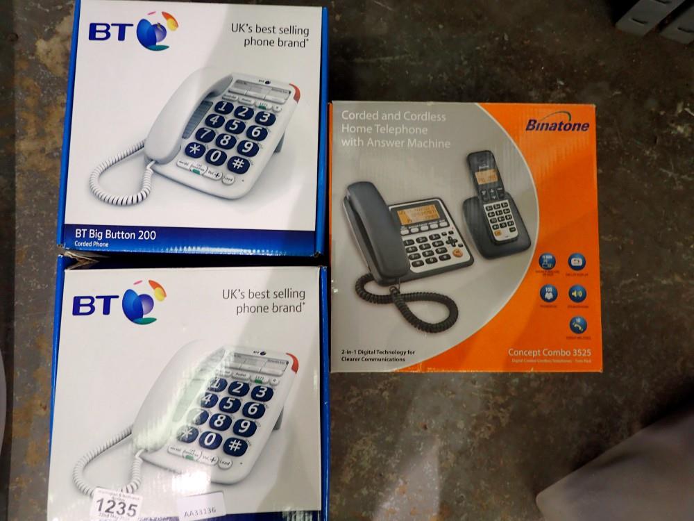 Three mixed boxed telephone sets. Not available for in-house P&P
