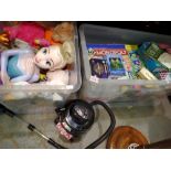 Two plastic containers of puzzles and games, also including a Hetty Hoover and soft toys. Not