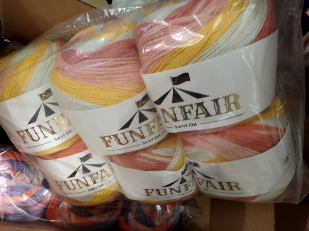 Emu fun fair wool 150g 450m packs, in different multi colour, twelve balls in total. Not available