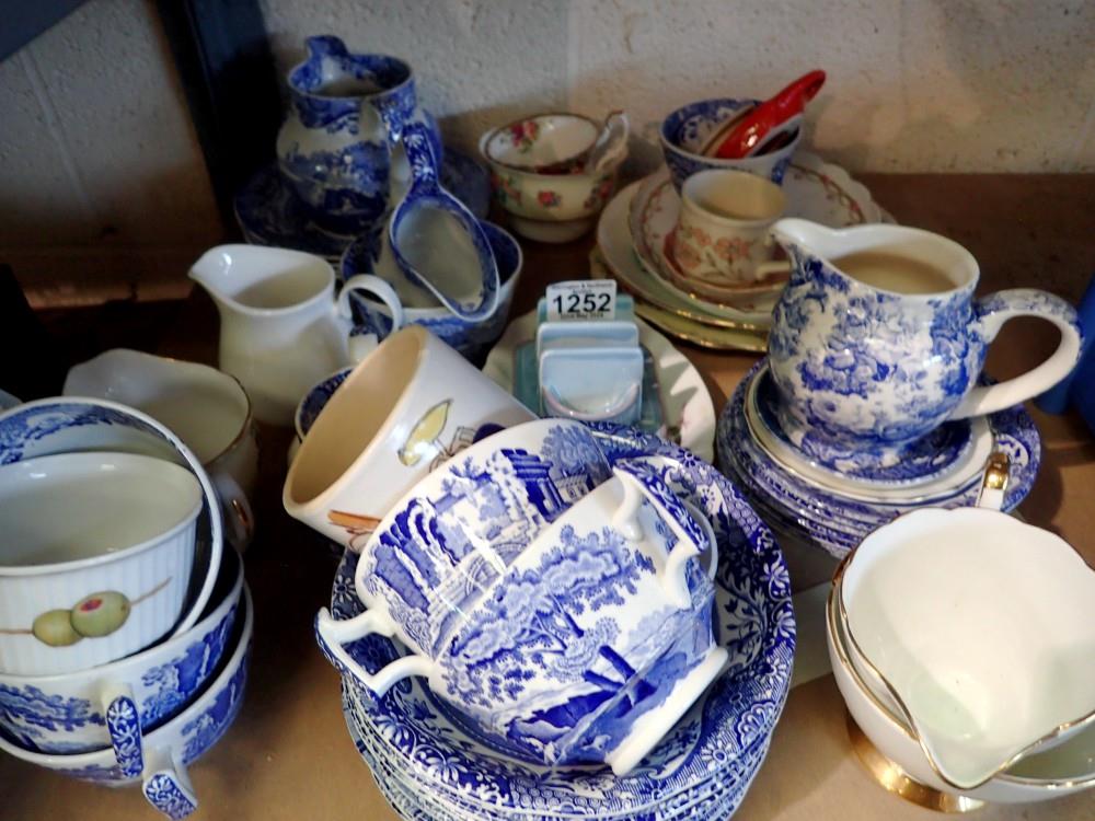 Shelf of mixed ceramics to include blue and white Spode Italian Garden. Not available for in-house