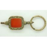 A 19th century over-sized gilt-metal pocket watch key, set with a panel of agate. P&P Group 0 (£6+