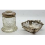 Hallmarked silver pierced basket, 61g, and a hallmarked silver topped cut glass pin jar. UK P&P