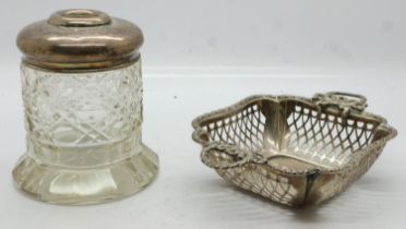 Hallmarked silver pierced basket, 61g, and a hallmarked silver topped cut glass pin jar. UK P&P