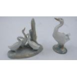 Lladro goose and a similar Nao figure group, largest H: 12 cm. chip to tree top. UK P&P Group 2 (£
