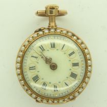 LE COULTRE: a French gold open face fob watch, the stone-set enamel dial having Roman chapters,