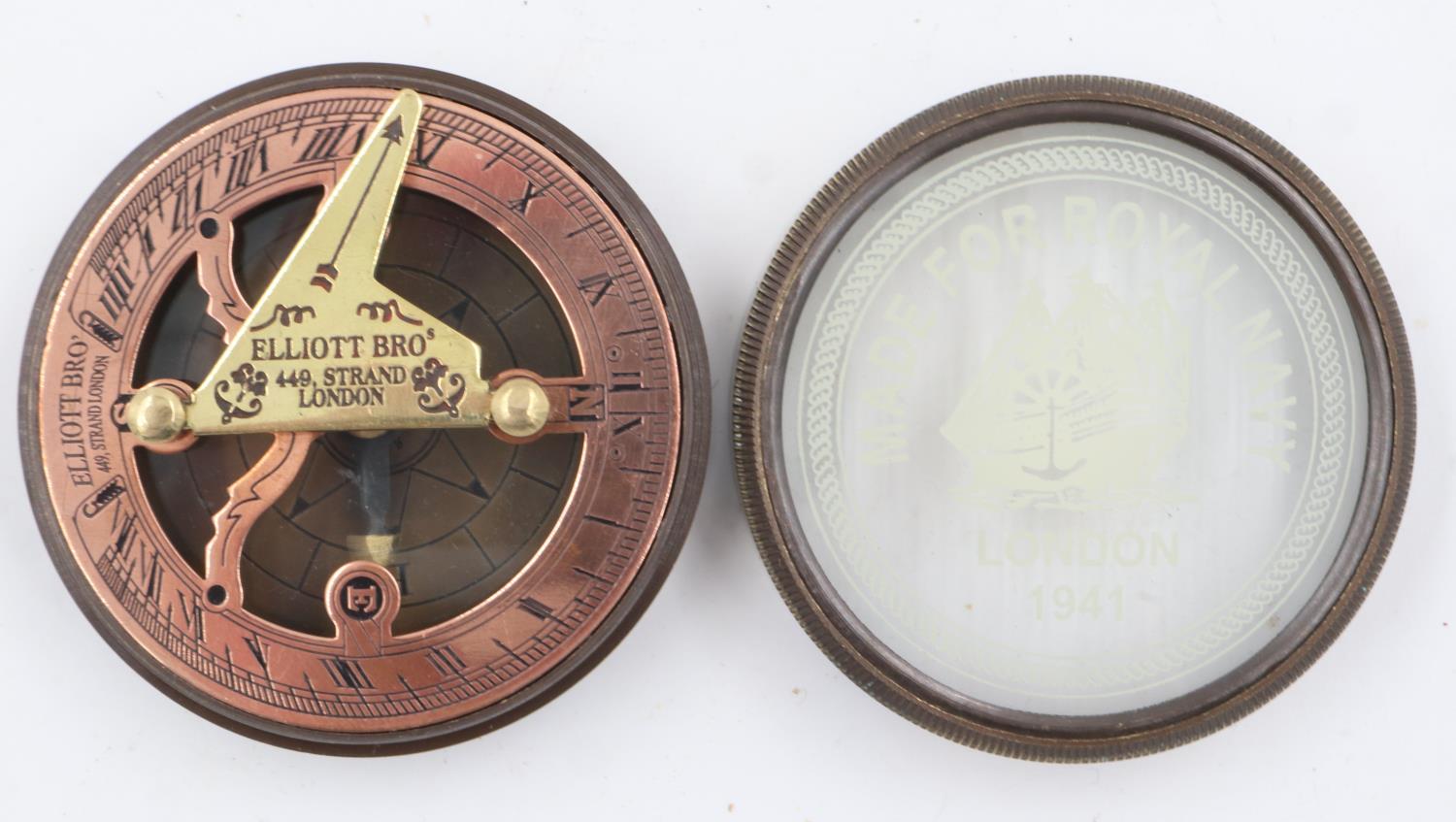 Reproduction brass sundial compass marked Elliot Bros, D: 17 cm. UK P&P Group 2 (£20+VAT for the