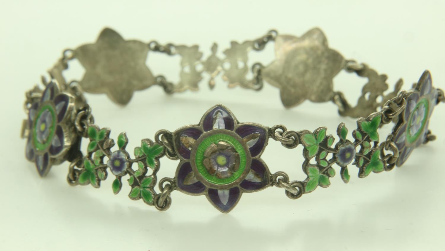 Enamelled silver panel bracelet, unmarked, L: 20 cm, 14g. UK P&P Group 0 (£6+VAT for the first lot