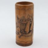 Carved Chinese bamboo brush pot, H: 23 cm, large split down side. UK P&P Group 1 (£16+VAT for the