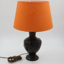 Oriental bronze table lamp with shade, decorated with birds and cherry blossom, H: 53 cm. All