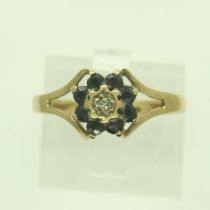 9ct gold diamond and sapphire set cluster ring, size K, 1.4g. UK P&P Group 0 (£6+VAT for the first