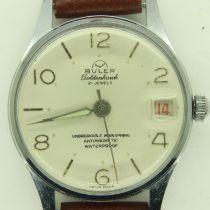 BULER: 21 jewel gents steel cased wristwatch, with date aperture, on brown leather strap, working at